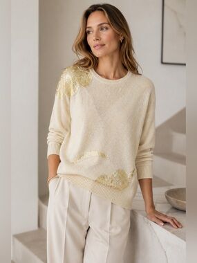 Vintage Gladys Bagley Ivory Silk Angora Gold Sequin Sweater Size Medium